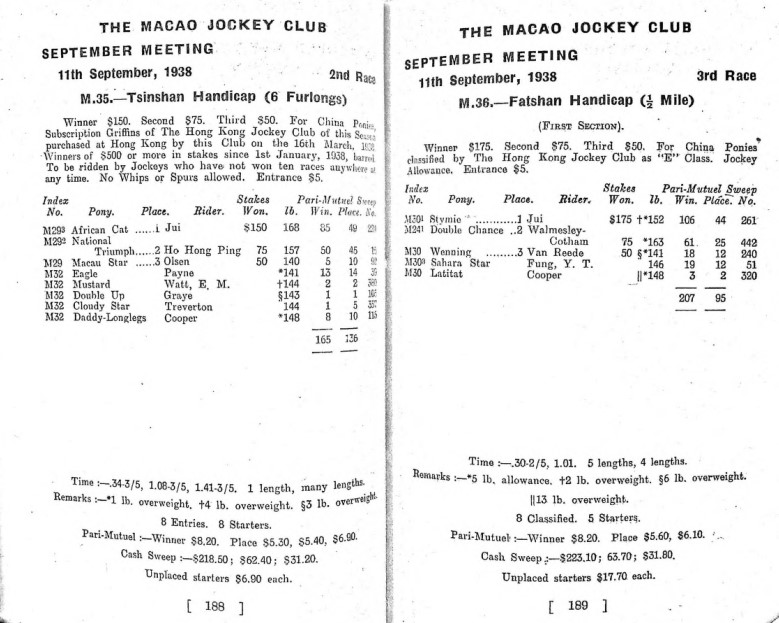 香港賽馬會出版的《賽事結果紀錄冊》中，可找到澳門黑沙環馬場的賽事紀錄，圖為1938年9月11日的賽事結果。