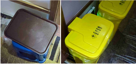 褐色盤子擺放三餐和快遞，黃色膠桶存放生活垃圾。