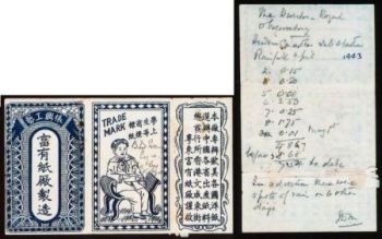 記錄在煙包紙背面的1943年4月雨量紀錄，隱約可見天文台台長審核的簽署。（圖片來源：香港天文台網站）