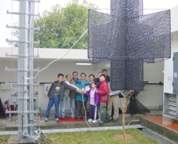 時任天文台台長林鴻鋆（左四）主持長洲信號站關閉儀式，按掣將十號風球降下。（圖片來源：香港天文台網站）