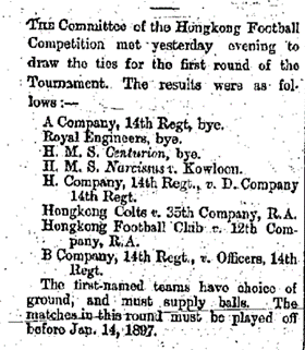 首屆香港足球銀牌賽的第一圈抽籤結果。除了軍艦「山多倫號」（Centurion）和「納西斯號」（Narcissus）外，駐港陸軍也派出炮兵團、工兵團及西約克郡軍團（West Yorkshire Regiment，即圖中的14th Regt.）代表隊參賽。（圖片來源：The China Mail, 1896-12-05, p. 3）