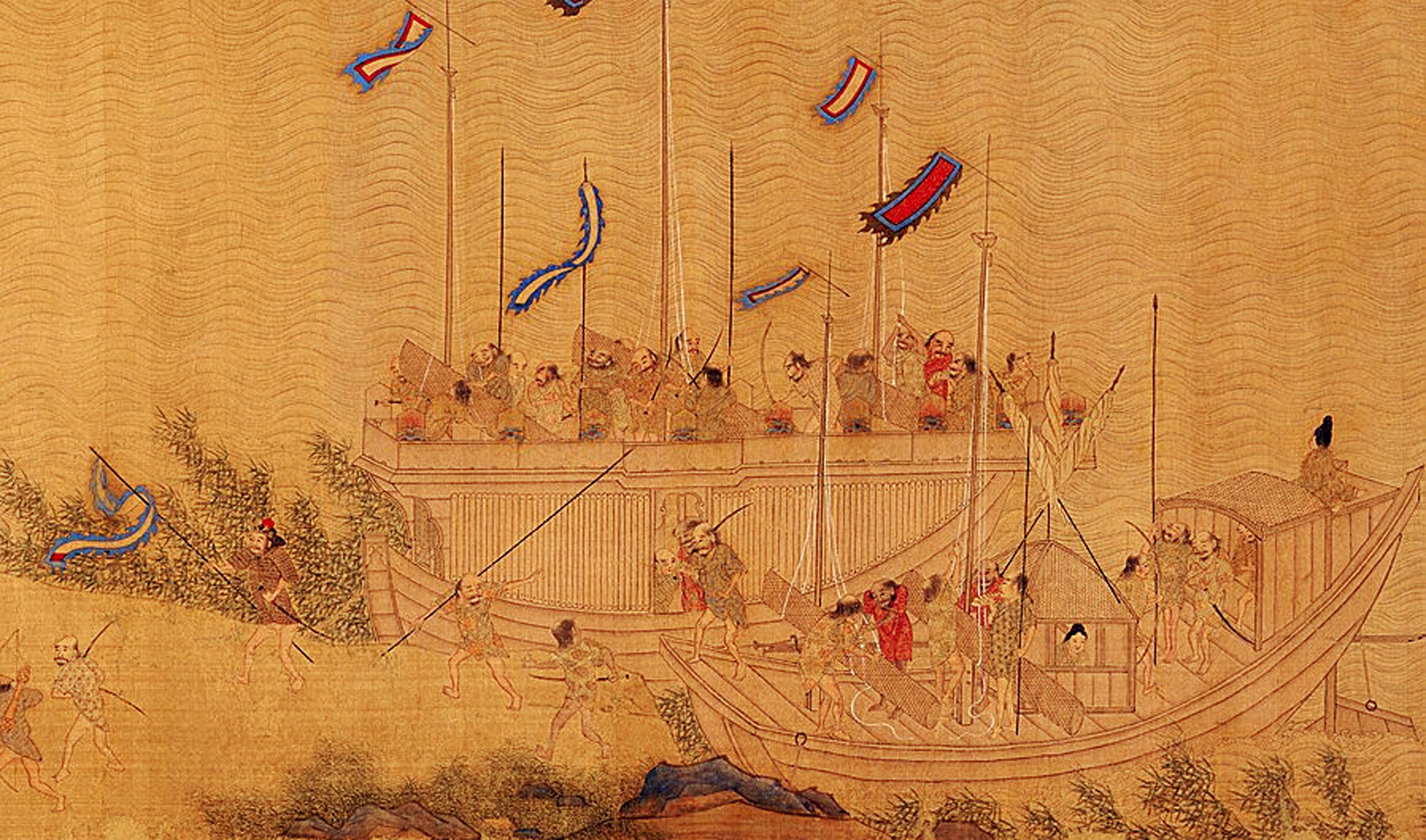 《倭寇圖卷》（局部），16世紀後期倭寇，描繪的是正在登陸的倭寇戰船，東京大學史料編纂所藏。（圖片來源：Fotoe.com)