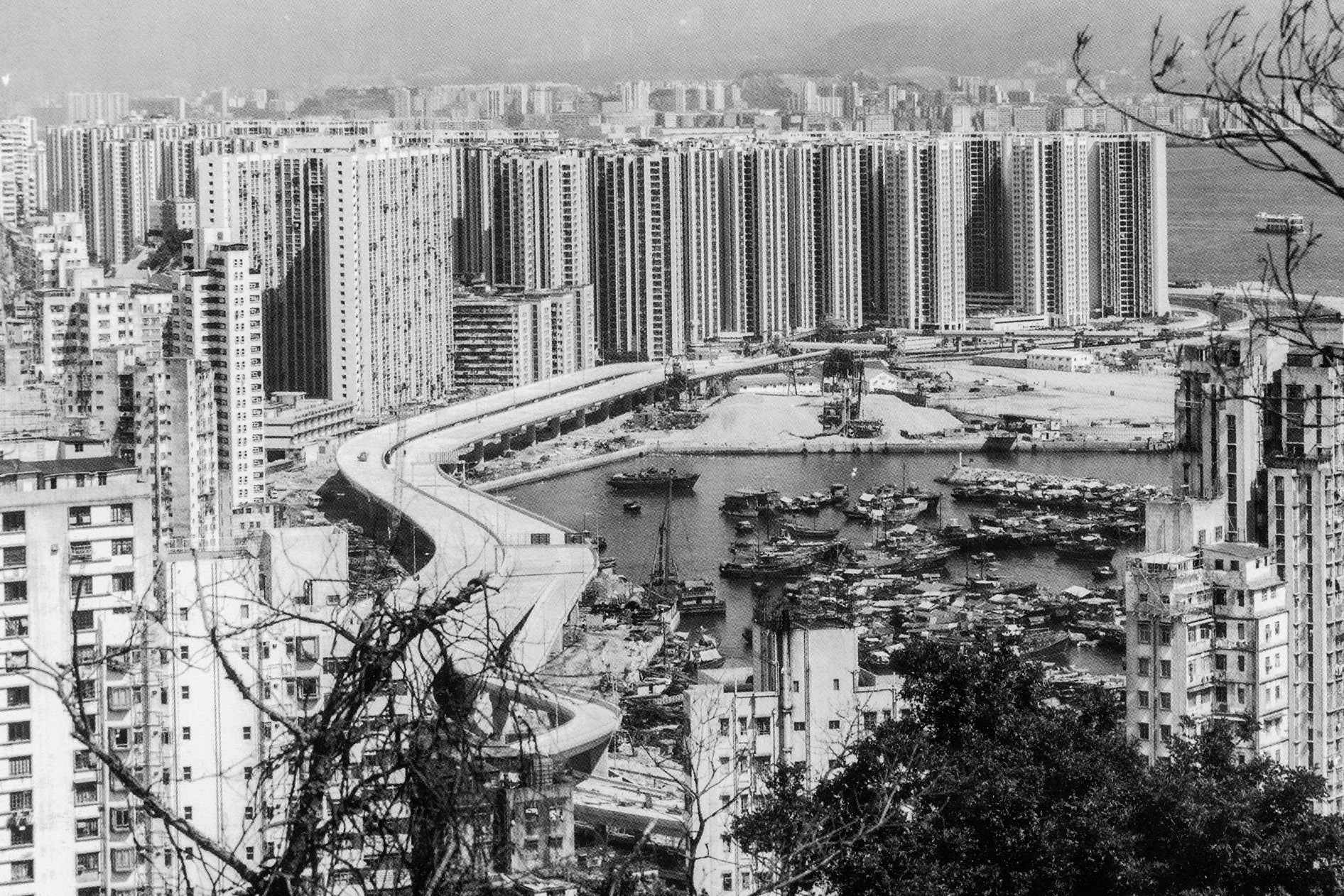 約1982年的筲箕灣。背景為太安樓（左）及太古城，形如筲箕的愛秩序灣正進行填海工程，填平的部分為今天鯉景灣屋村及電影資料館的所在地。（圖片來源：鄭寶鴻提供）